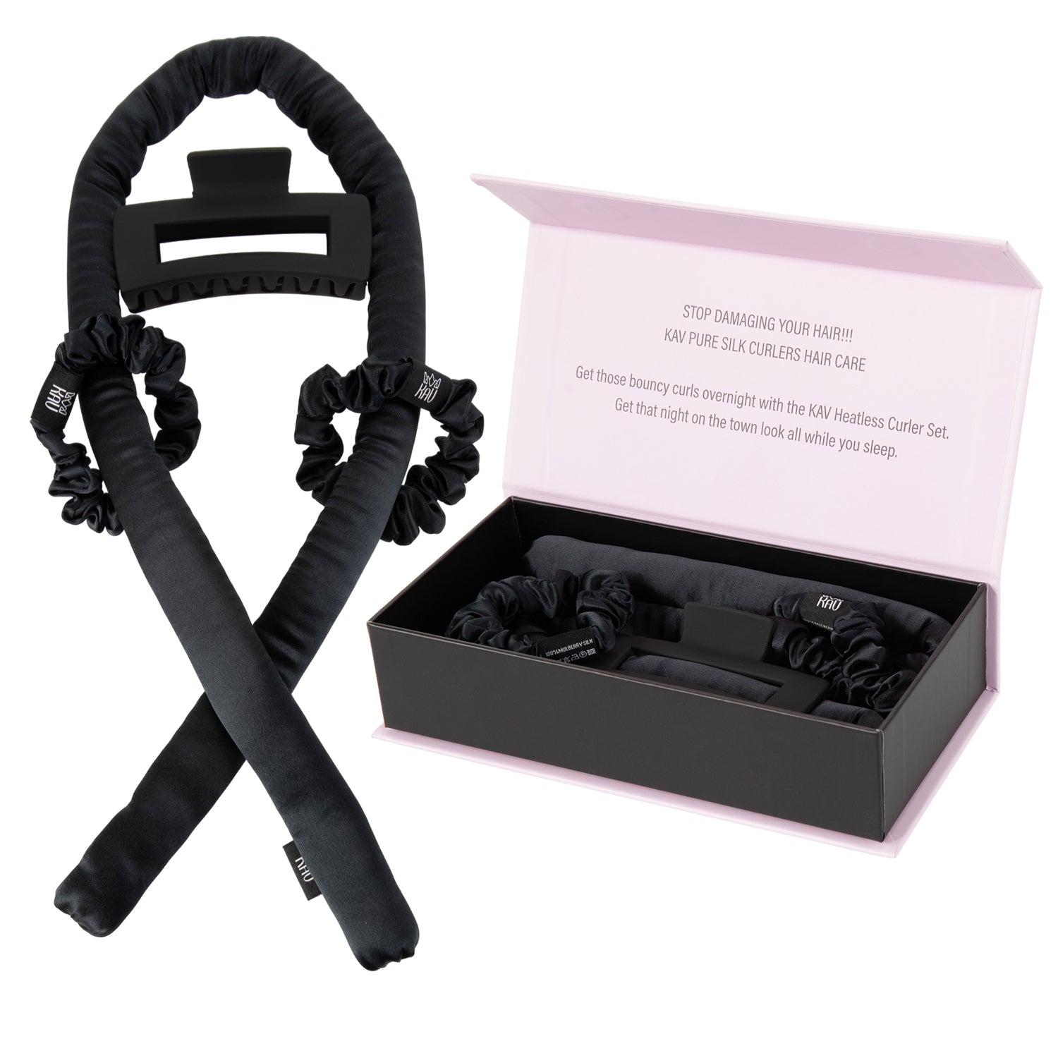 KAV Silk Heatless Curling Rod with Clip and Scrunchie Set, Shadow Black Heatless Hair Curler