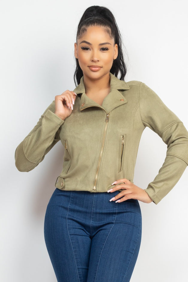 Notch Zippered Suede Rider Jacket for women