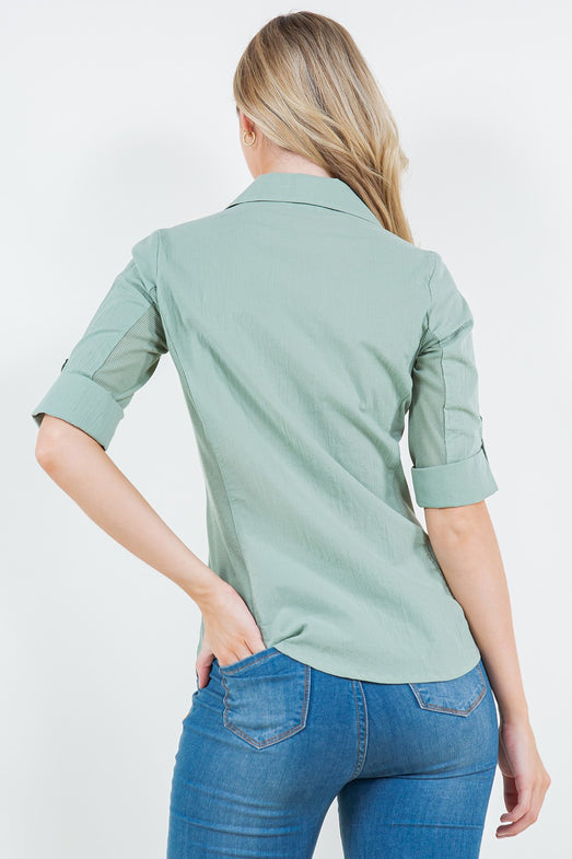 Green Seam Woven Top/ Women's half sleeve shirt