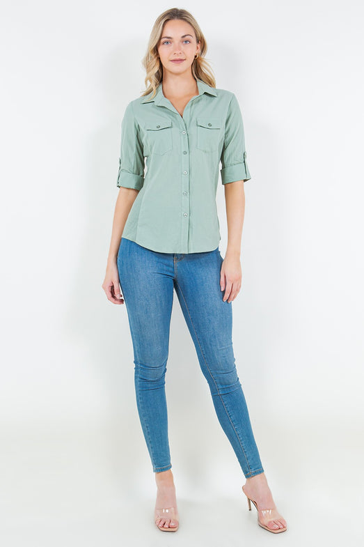 Green Seam Woven Top/ Women's half sleeve shirt