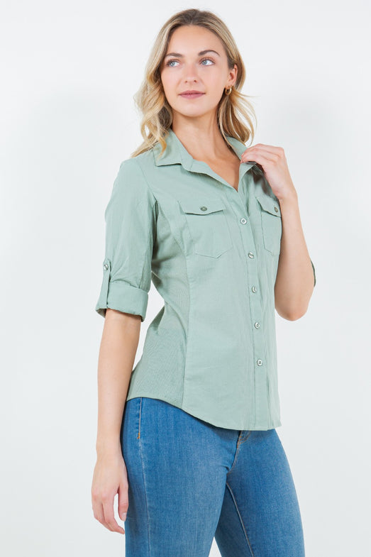 Green Seam Woven Top/ Women's half sleeve shirt