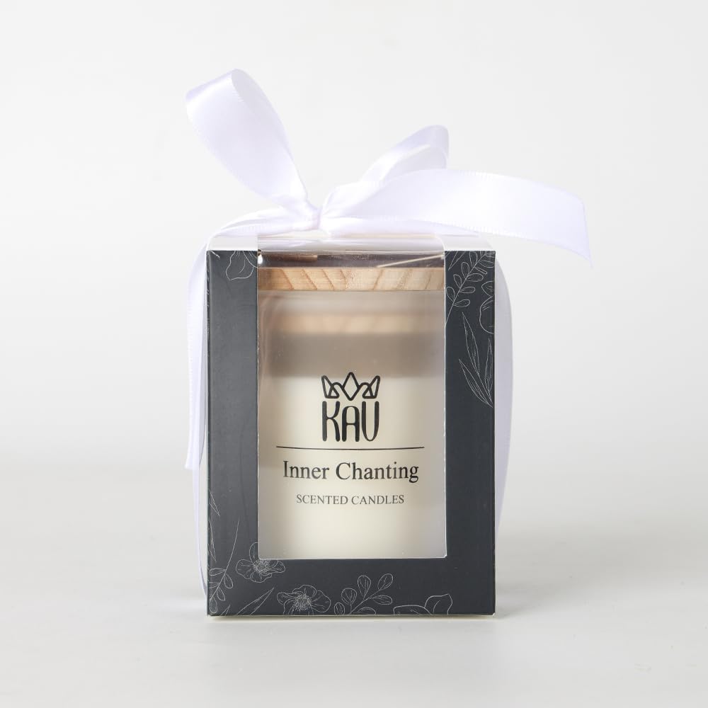 KAV Scented Candles, Inner Chanting Premium Hand Poured Soy Wax Candle w/ Wooden Lid in Smoked Glass Jar 130g, Cinnamon - Amber