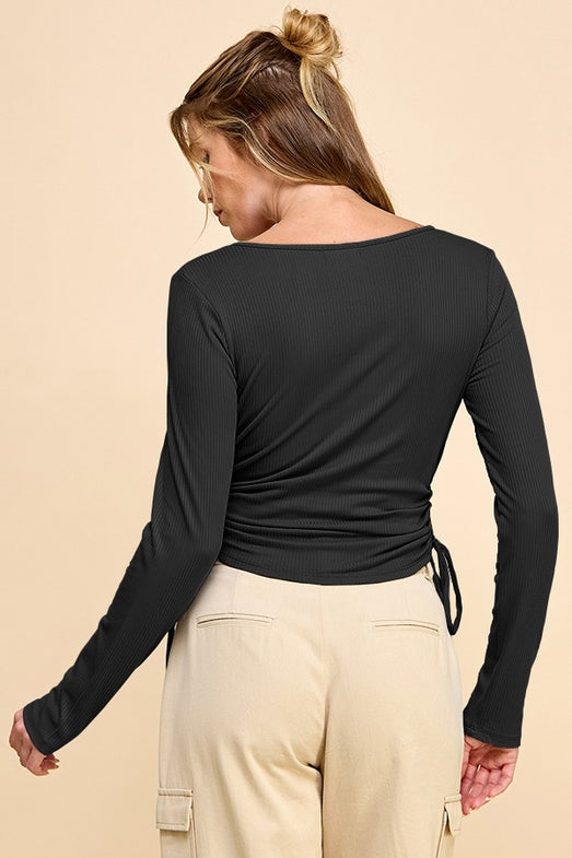Wrapping Ribbed Long Sleeve Crop Top - Black