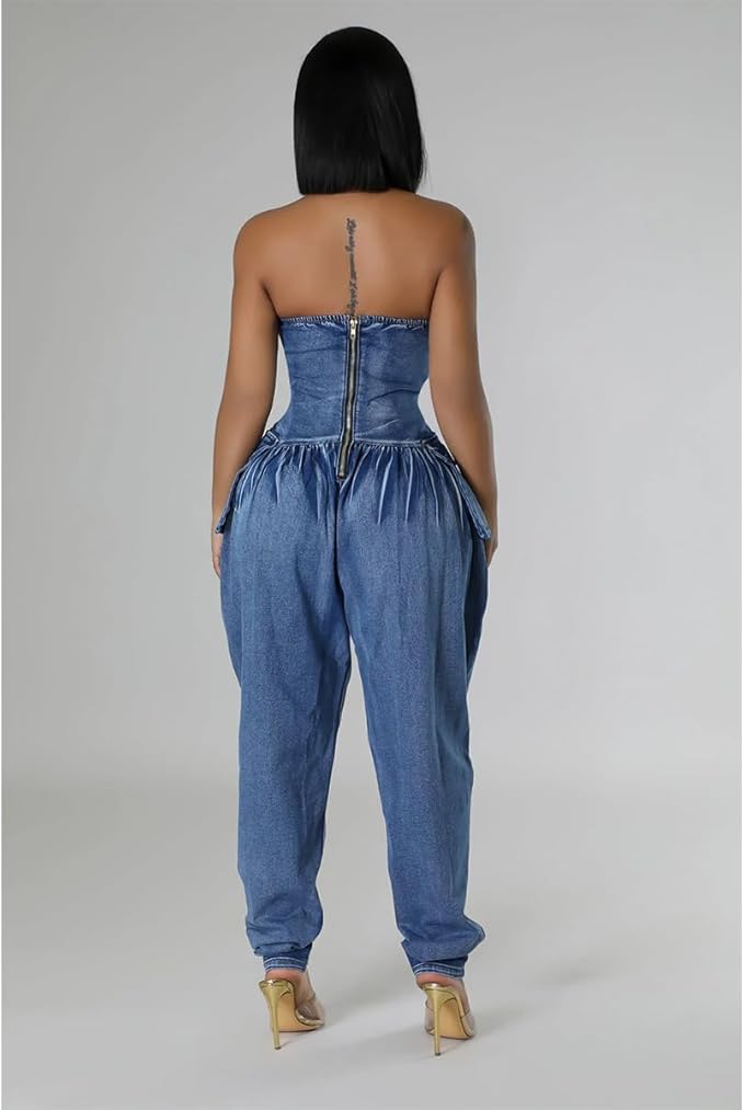 Washed Demin Tube Baggy Jumpsuit