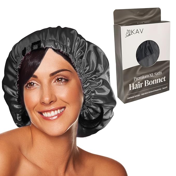 Satin Bonnet for Women, XL Reversable Beanie for Various Hair Types, Satin Sleeping Cap with Adjustable Strap, 2-Tone 2-Layer (Black)