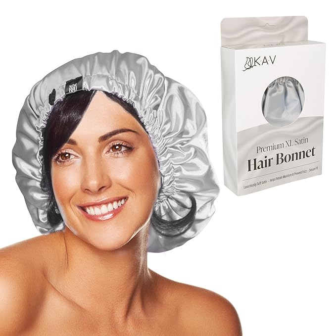 Satin Bonnet for Women, XL Reversable Beanie for Various Hair Types, Satin Sleeping Cap with Adjustable Strap, 2-Tone 2-Layer (Grey)