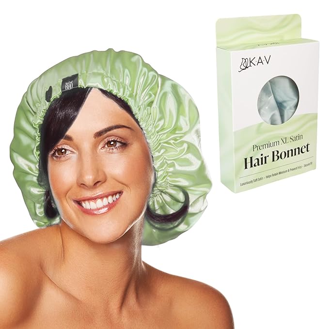 Satin Bonnet for Women, XL Reversable Beanie for Various Hair Types, Satin Sleeping Cap with Adjustable Strap, 2-Tone 2-Layer (Green)