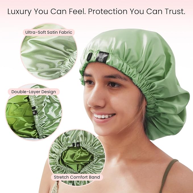 Satin Bonnet for Women, XL Reversable Beanie for Various Hair Types, Satin Sleeping Cap with Adjustable Strap, 2-Tone 2-Layer (Green)