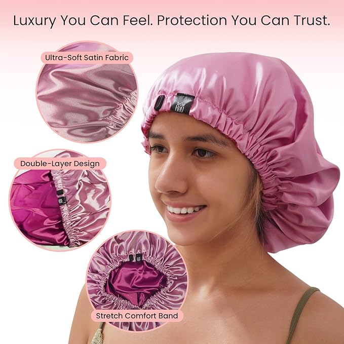 Satin Bonnet for Women, XL Reversable Beanie for Various Hair Types, Satin Sleeping Cap with Adjustable Strap, 2-Tone 2-Layer (Pink)