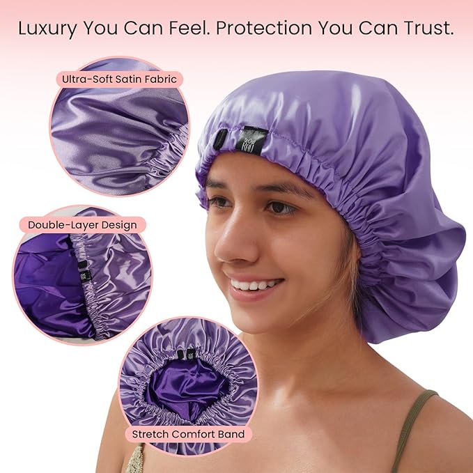 Satin Bonnet for Women, XL Reversable Beanie for Various Hair Types, Satin Sleeping Cap with Adjustable Strap, 2-Tone 2-Layer (Purple)