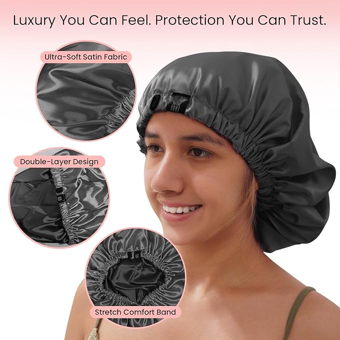 Satin Bonnet for Women, XL Reversable Beanie for Various Hair Types, Satin Sleeping Cap with Adjustable Strap, 2-Tone 2-Layer (Black)