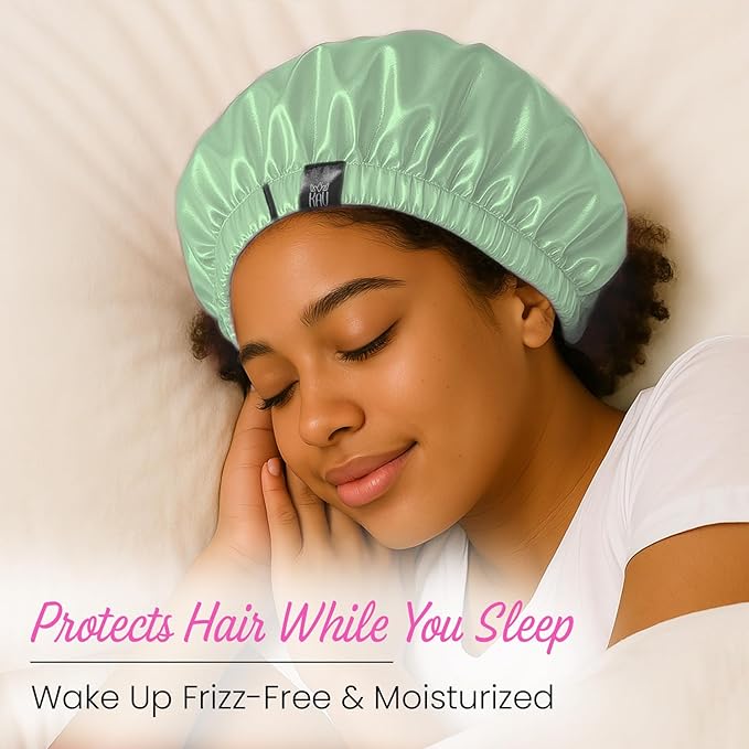 Satin Bonnet for Women, XL Reversable Beanie for Various Hair Types, Satin Sleeping Cap with Adjustable Strap, 2-Tone 2-Layer (Green)