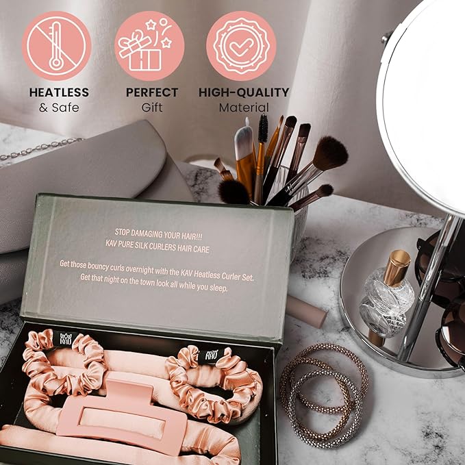 KAV Silk Heatless Curling Rod with Clip and Scrunchie Set, Rosegold Heatless Hair Curler