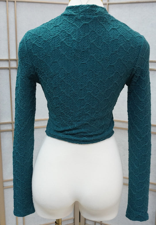 Green Mock Neck Smocked Jacquard Crop Top/ Long Sleeve Crop Top