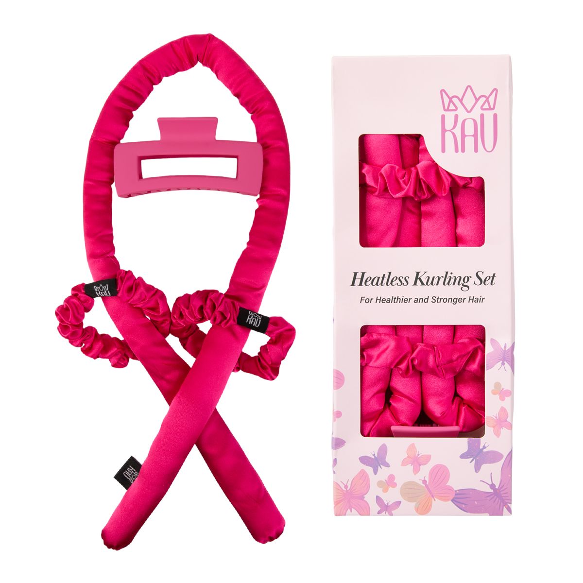 KAV Satin Heatless Curling Rod with Clip and Scrunchie Set, HOT PINK Satin Heatless Hair Curler, All Hair Types Overnight Curls