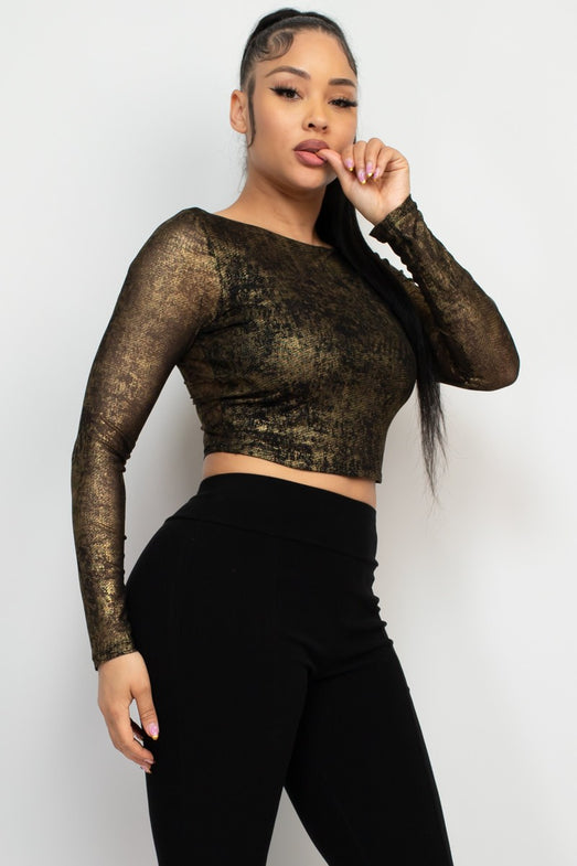 Foil Mesh Long Sleeve Crop Top