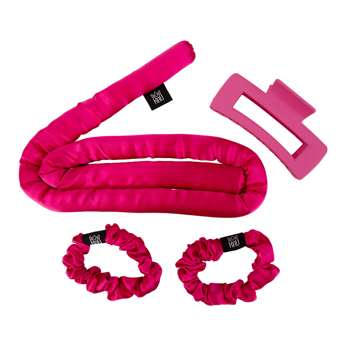KAV Satin Heatless Curling Rod with Clip and Scrunchie Set, HOT PINK Satin Heatless Hair Curler, All Hair Types Overnight Curls