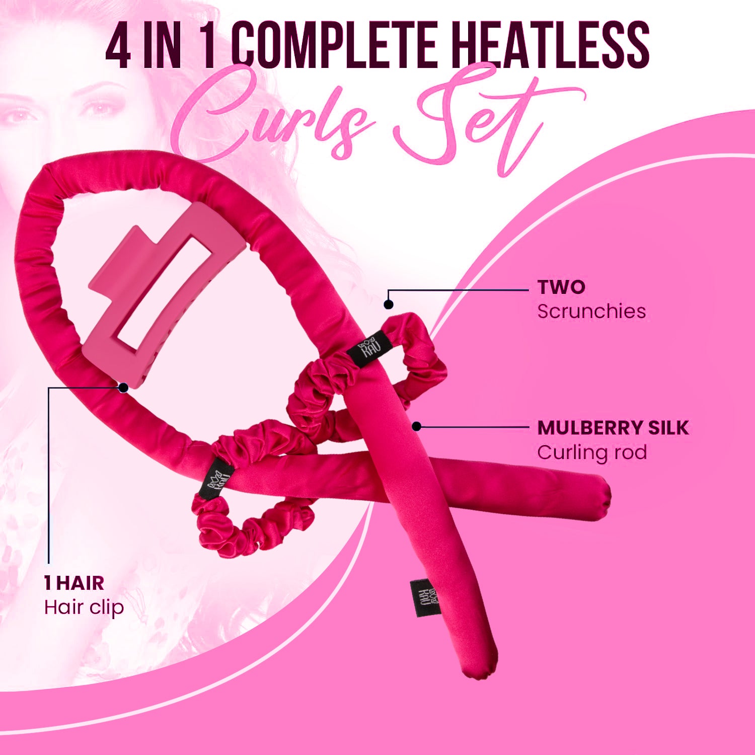 KAV Satin Heatless Curling Rod with Clip and Scrunchie Set, HOT PINK Satin Heatless Hair Curler, All Hair Types Overnight Curls