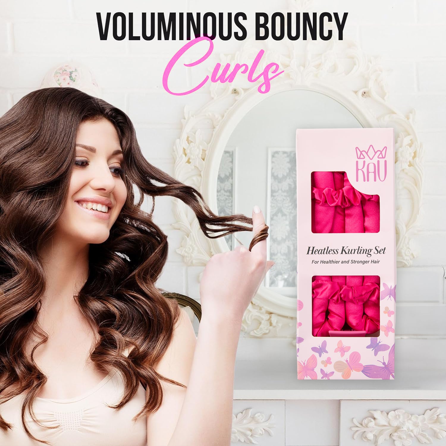 KAV Satin Heatless Curling Rod with Clip and Scrunchie Set, HOT PINK Satin Heatless Hair Curler, All Hair Types Overnight Curls