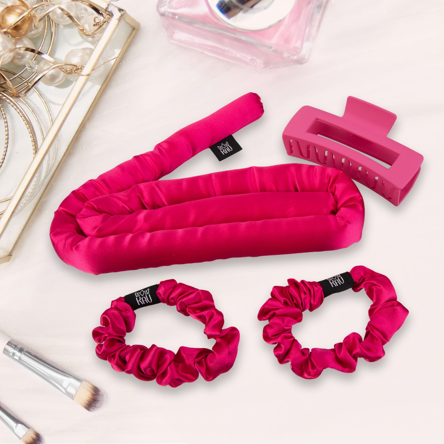 KAV Satin Heatless Curling Rod with Clip and Scrunchie Set, HOT PINK Satin Heatless Hair Curler, All Hair Types Overnight Curls