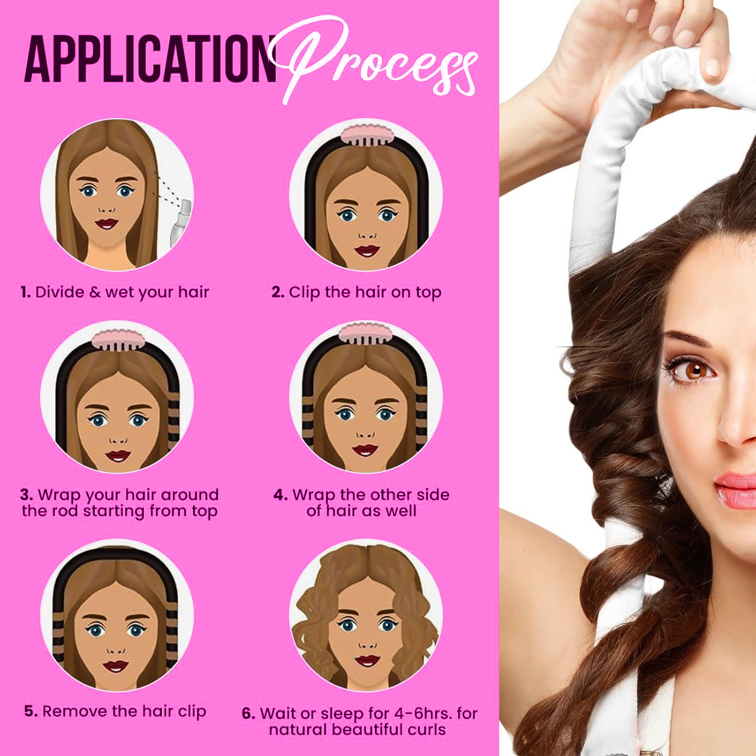 KAV Satin Heatless Curling Rod with Clip and Scrunchie Set, HOT PINK Satin Heatless Hair Curler, All Hair Types Overnight Curls