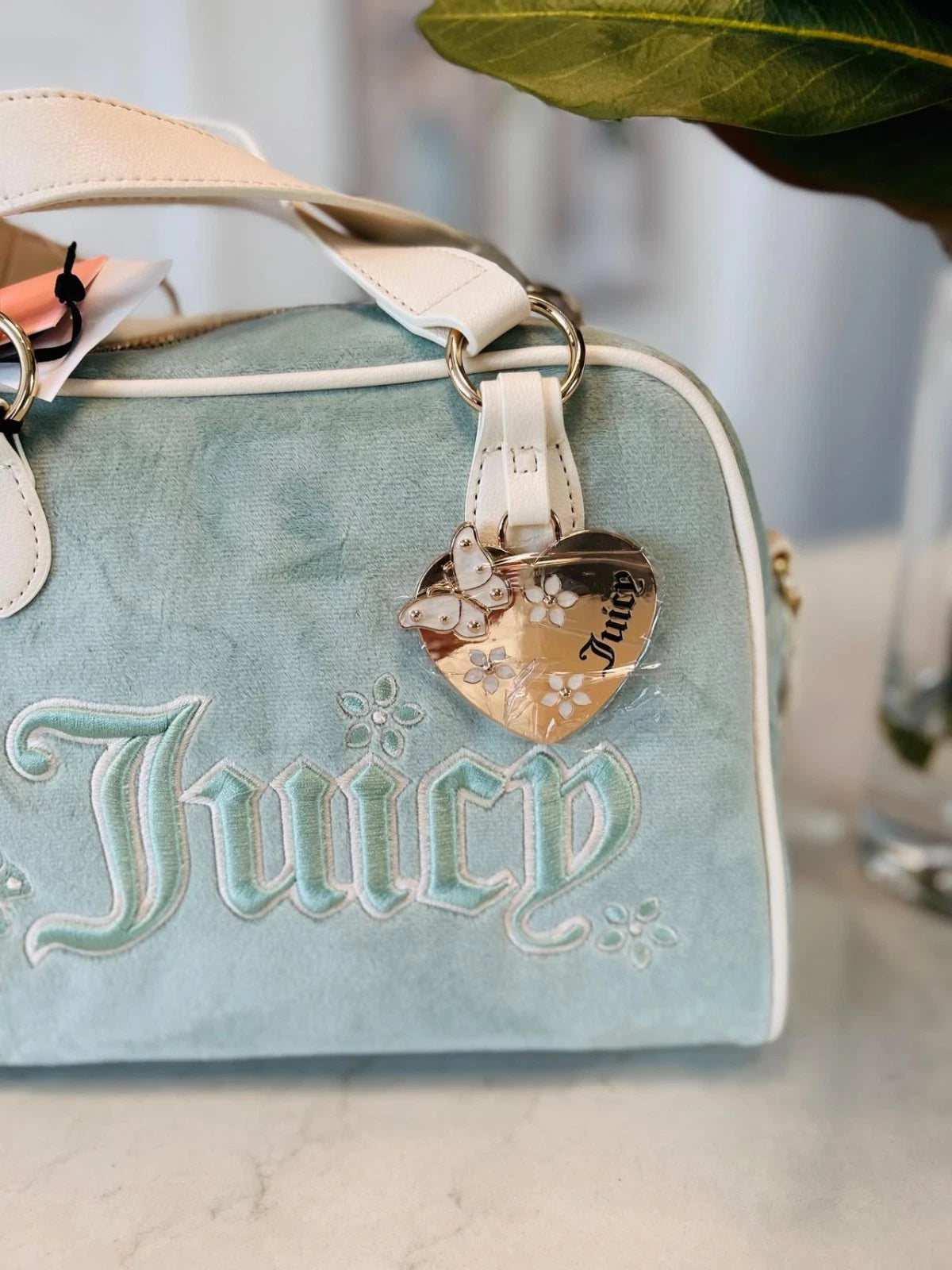 Juicy Couture Juicy In The Sky Velour Bowler Bag Frosty Green Butterfly Heart