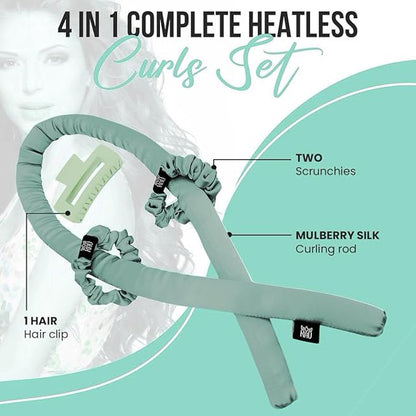 KAV Silk Heatless Curling Rod with Clip and Scrunchie Set, Green Heatless Hair Curler