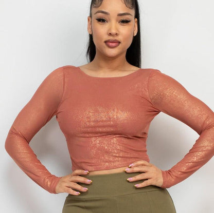 Foil Mesh Long Sleeve Crop Top