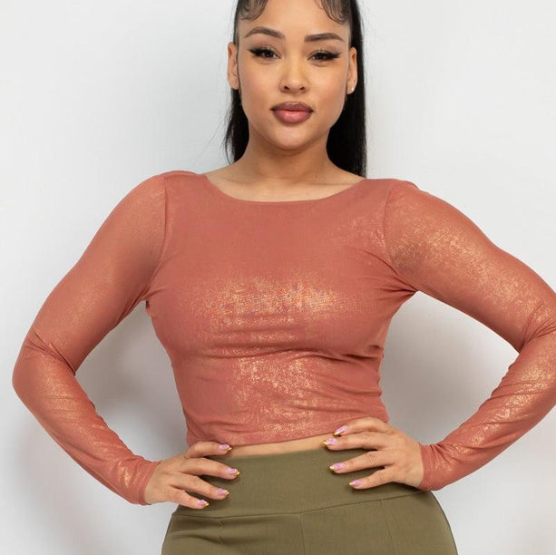 Foil Mesh Long Sleeve Crop Top