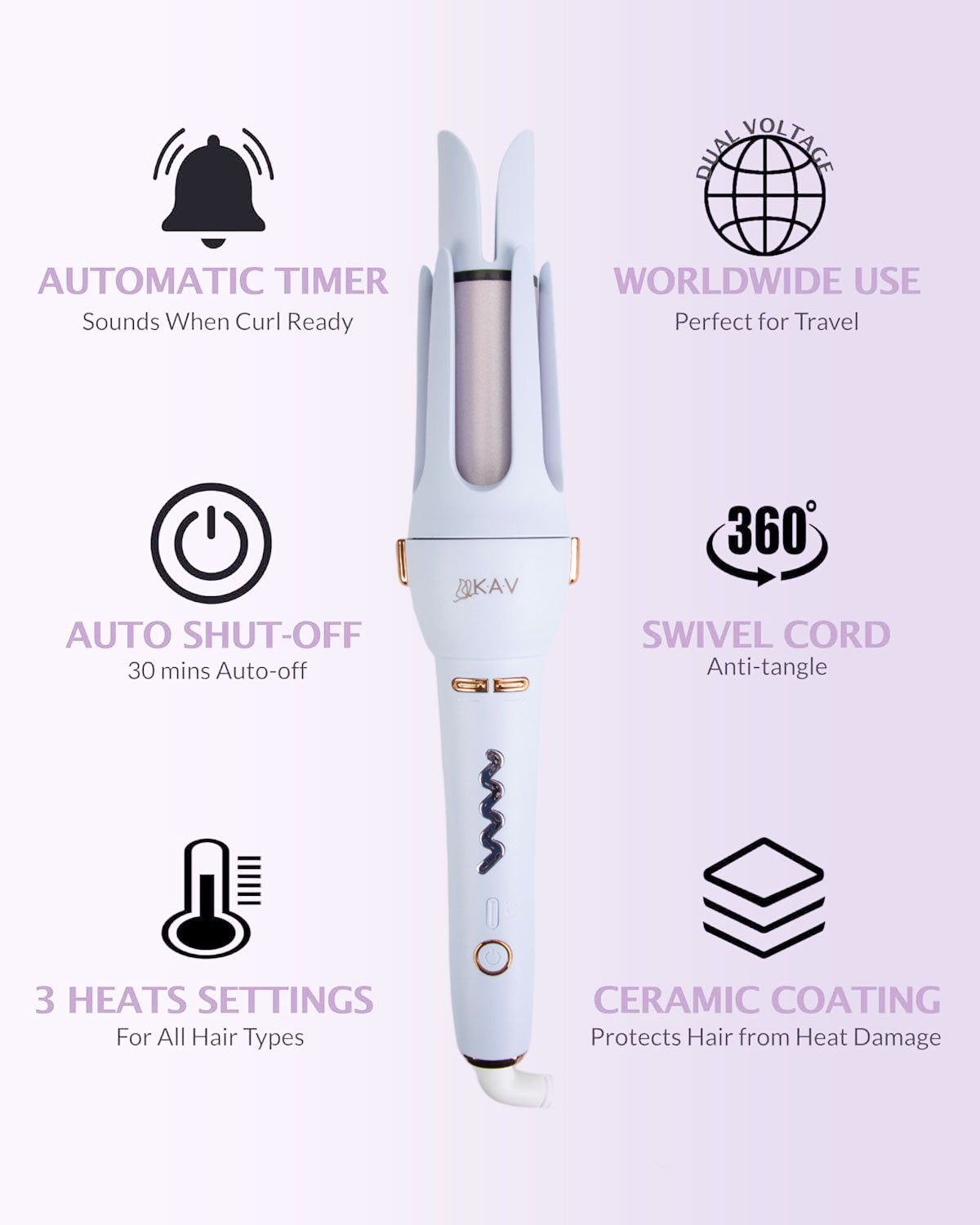 KAV Daphne Plum Auto Hair Curler, Automatic Long Barrel Rotating Curling Iron with 4 Temperature & 3 Timer, Automatic Shut-Off, Anti-Scald, Anti-Tangle, Rotating Curling Wand for Hair Styling