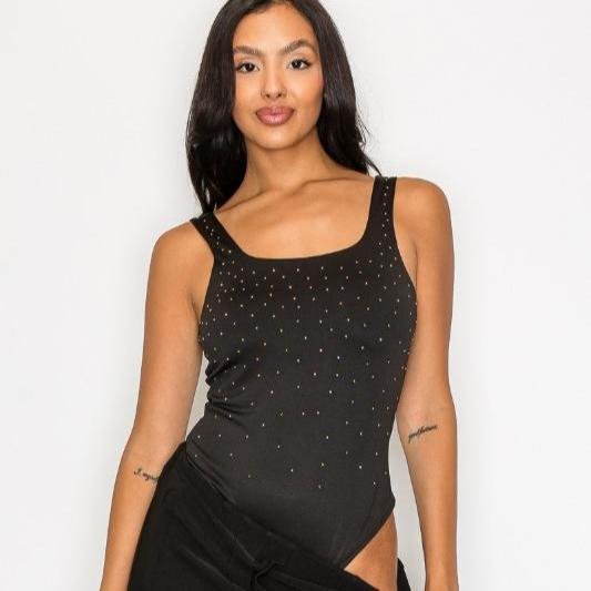 Rhinestones Scoop-Cut Back Sleeveless Bodysuit