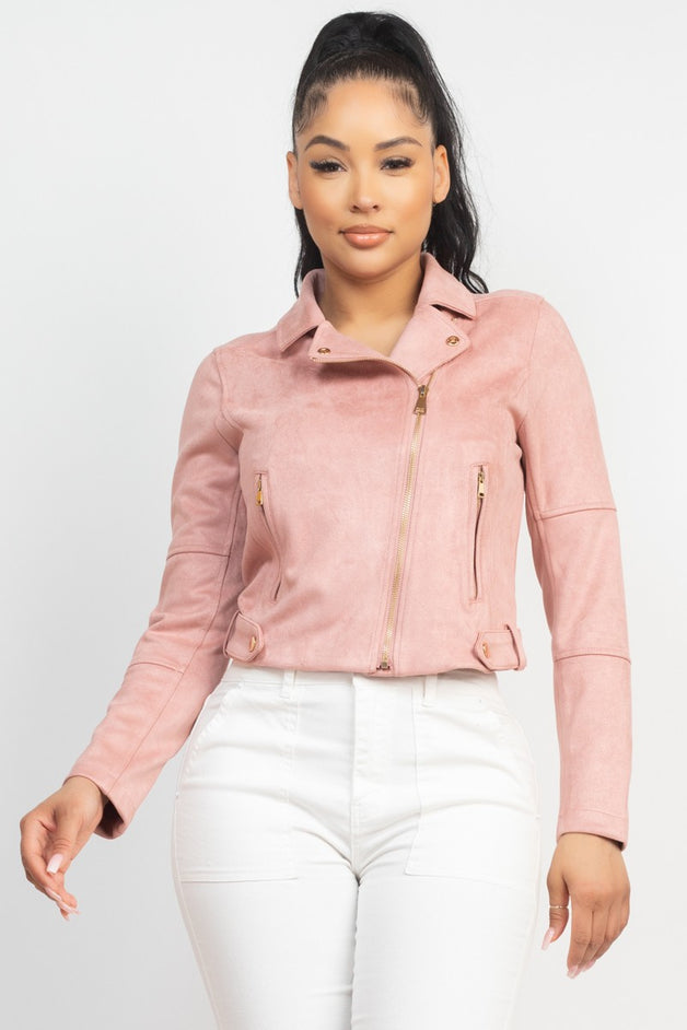 Notch Zippered Suede Rider Jacket for women