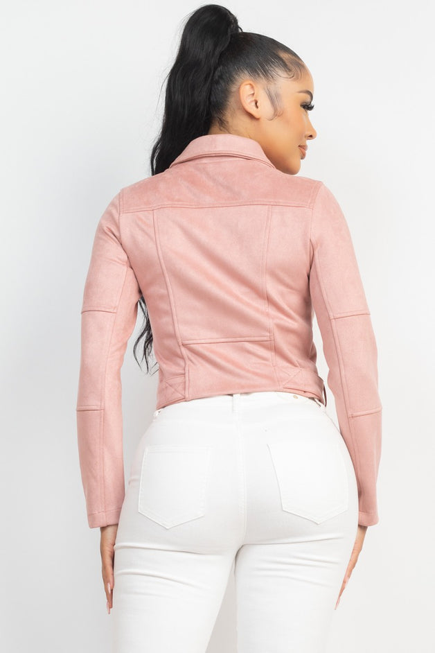 Notch Zippered Suede Rider Jacket for women