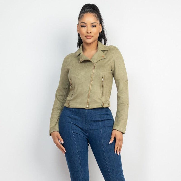 Notch Zippered Suede Rider Jacket for women