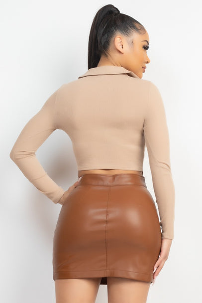 Front Drawstring Crop Top/Rib Knit Ruched Tie Front Top