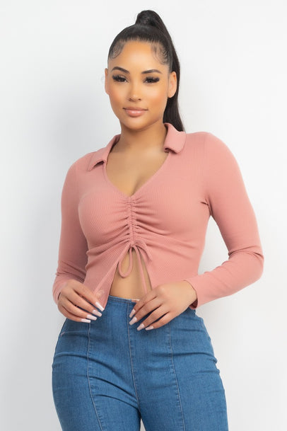 Front Drawstring Crop Top/Rib Knit Ruched Tie Front Top