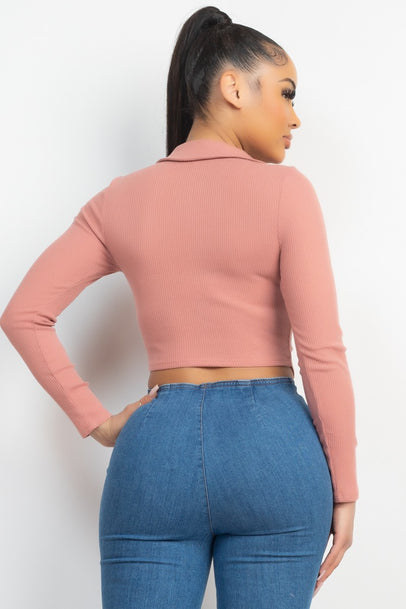 Front Drawstring Crop Top/Rib Knit Ruched Tie Front Top