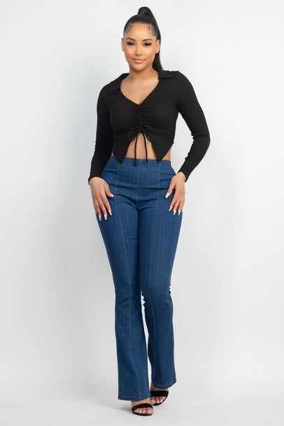 Front Drawstring Crop Top/Rib Knit Ruched Tie Front Top