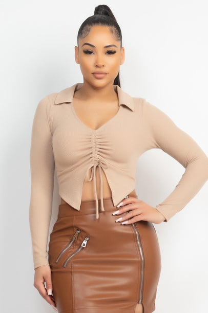 Front Drawstring Crop Top/Rib Knit Ruched Tie Front Top