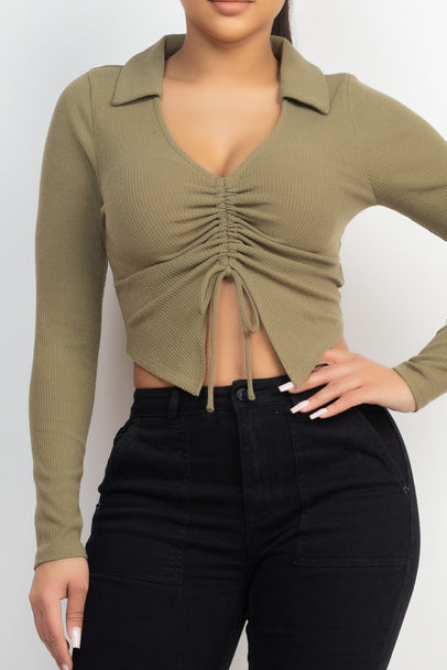 Front Drawstring Crop Top/Rib Knit Ruched Tie Front Top