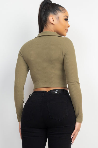 Front Drawstring Crop Top/Rib Knit Ruched Tie Front Top