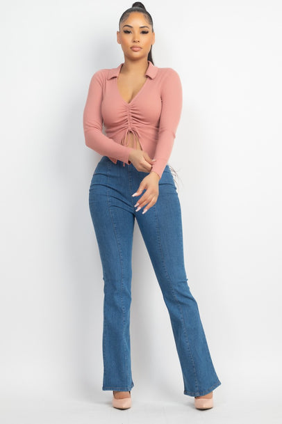 Front Drawstring Crop Top/Rib Knit Ruched Tie Front Top