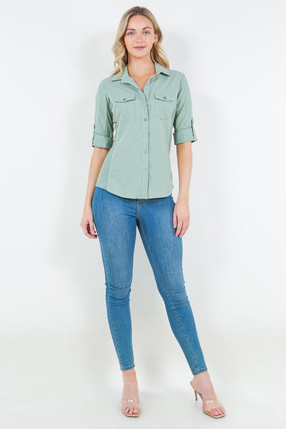 Green Seam Woven Top/ Women's half sleeve shirt