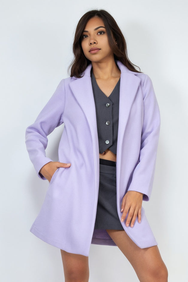 Open-Front Notch Purple Solid Coat for women