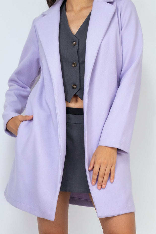 Open-Front Notch Purple Solid Coat for women