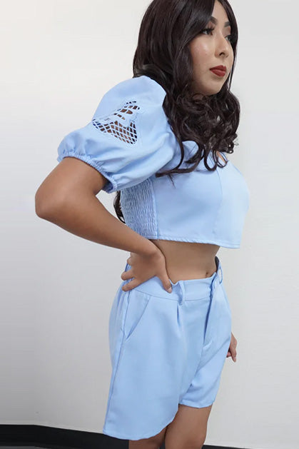 Summer Two-piece short outfit Sexy crop top - Blue