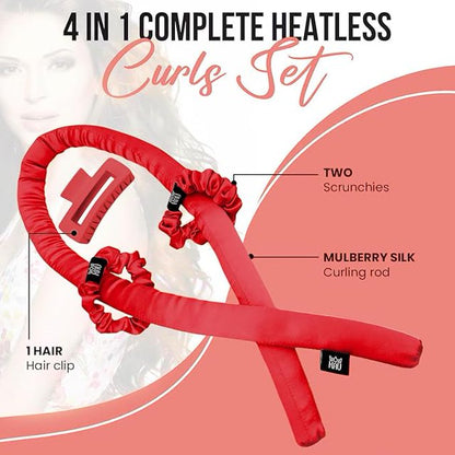 KAV Silk Heatless Curling Rod with Clip and Scrunchie Set, Red Heatless Hair Curler