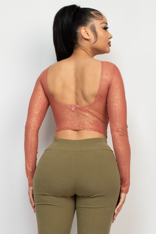 Foil Mesh Long Sleeve Crop Top