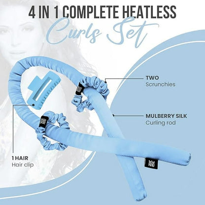 KAV Silk Heatless Curling Rod with Clip and Scrunchie Set, Blue Heatless Hair Curler