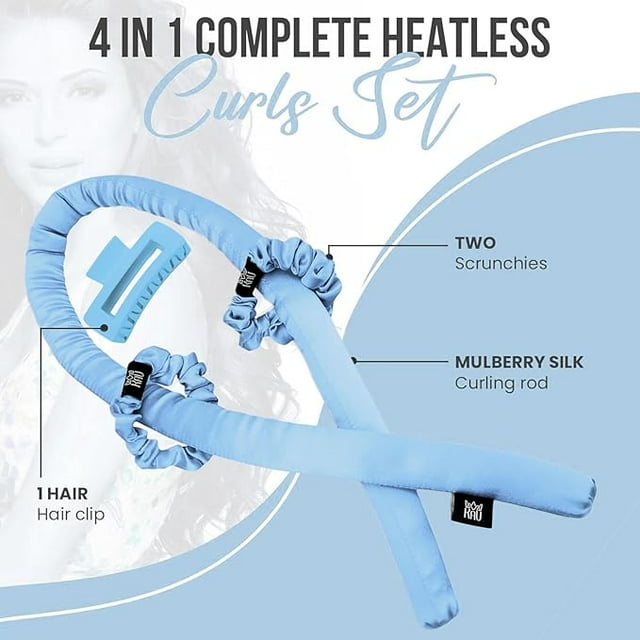 KAV Silk Heatless Curling Rod with Clip and Scrunchie Set, Blue Heatless Hair Curler